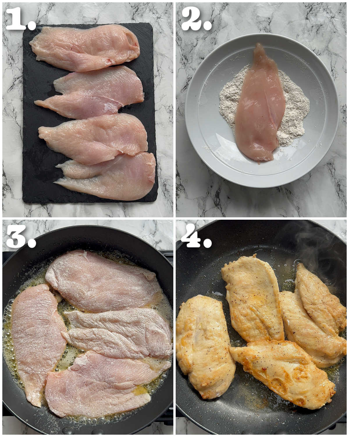 4 step by step photos showing how to cook chicken breast