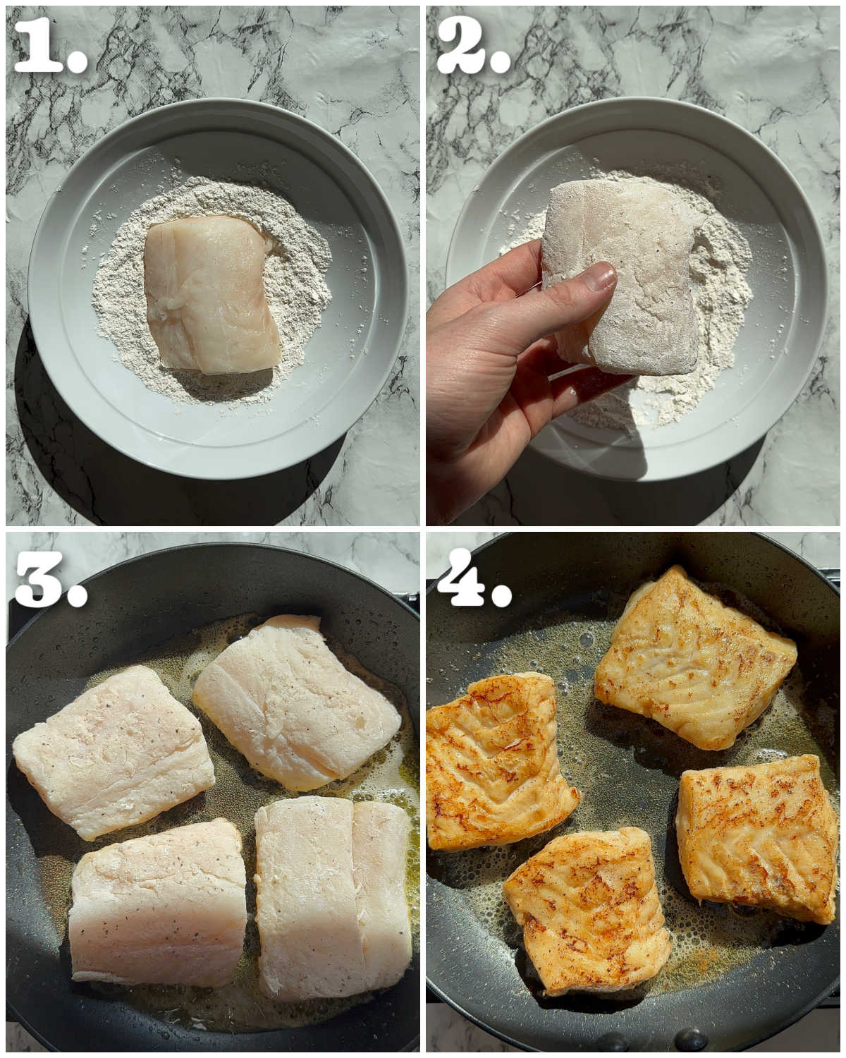 4 step by step photos showing how to pan fry cod