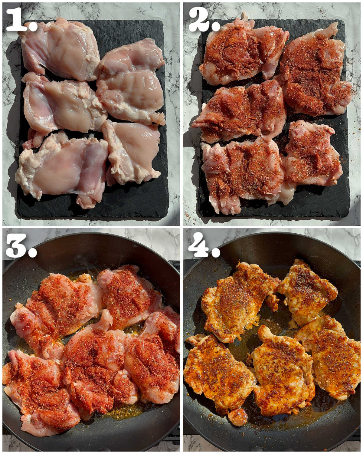 4 step by step photos showing how to fry chicken thighs