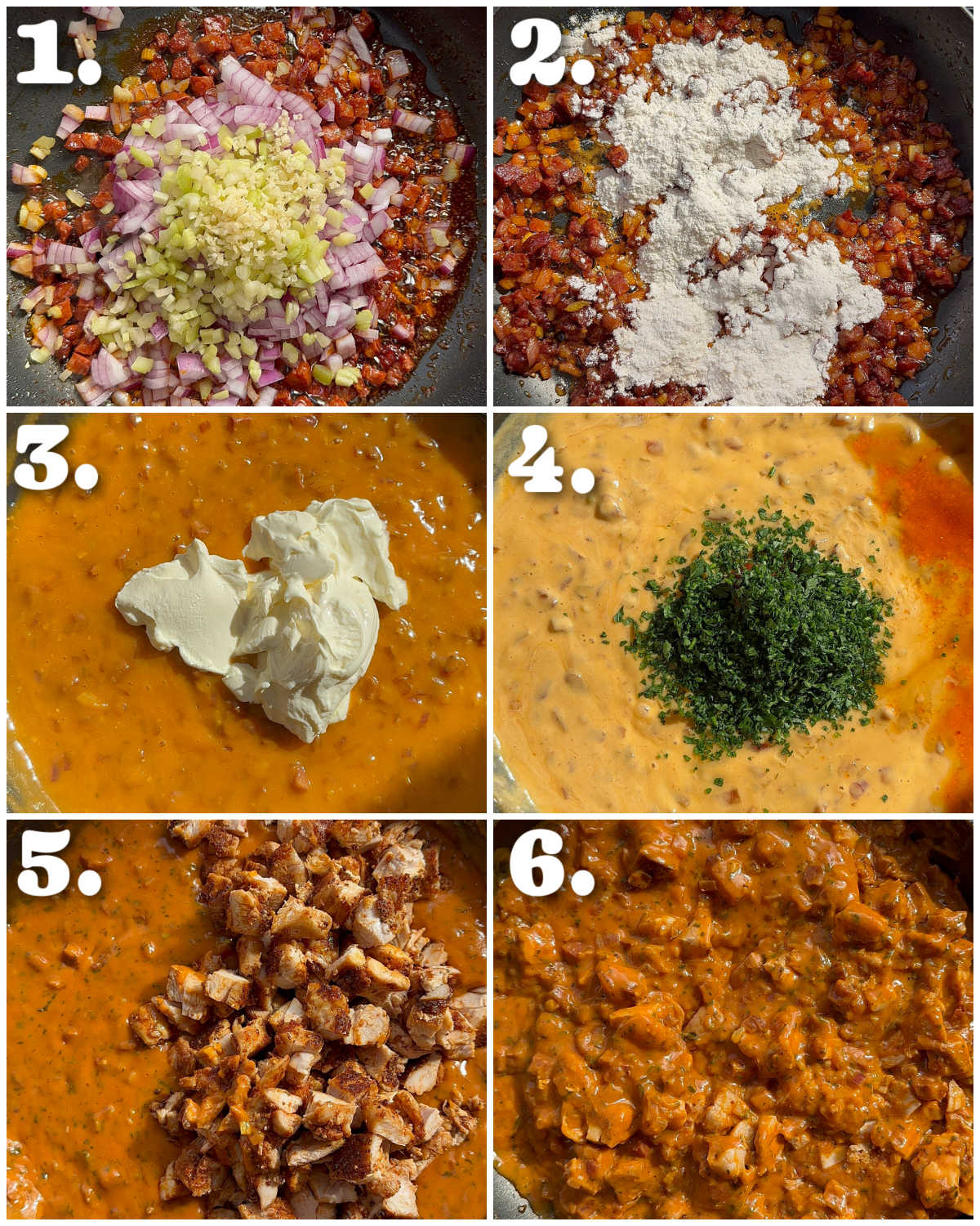 6 step by step photos showing how to make chicken chorizo pie filling