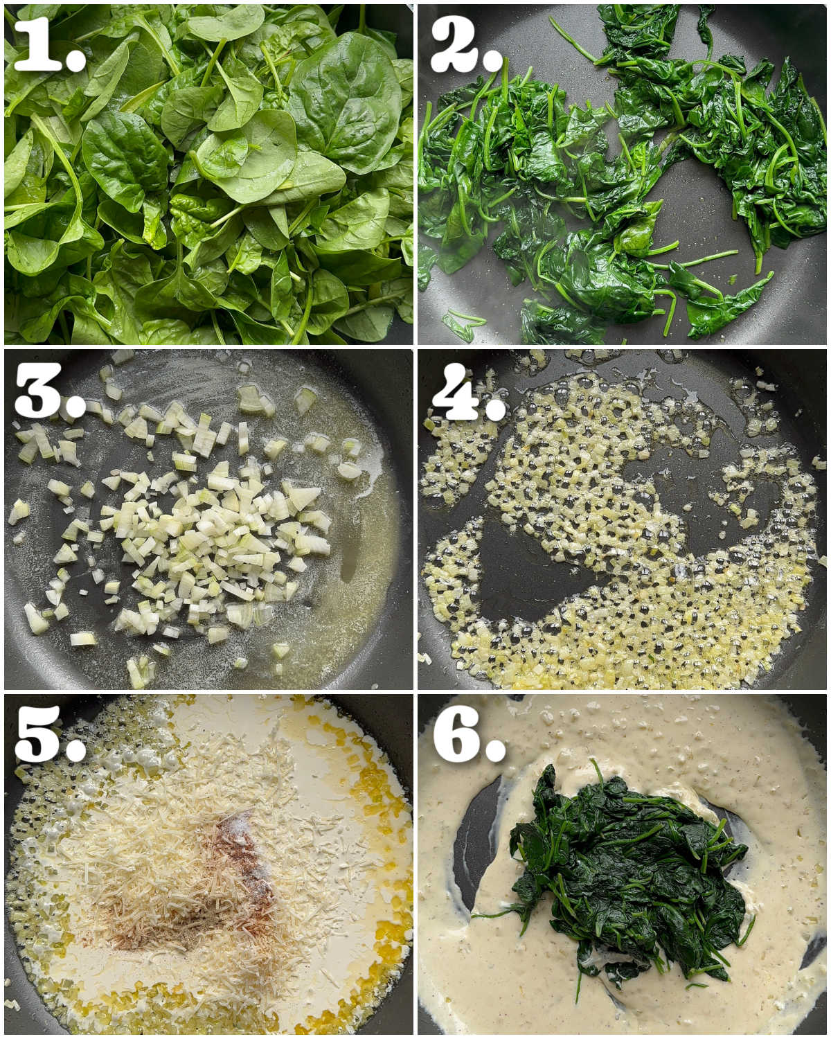 6 step by step photos showing how to make creamed spinach