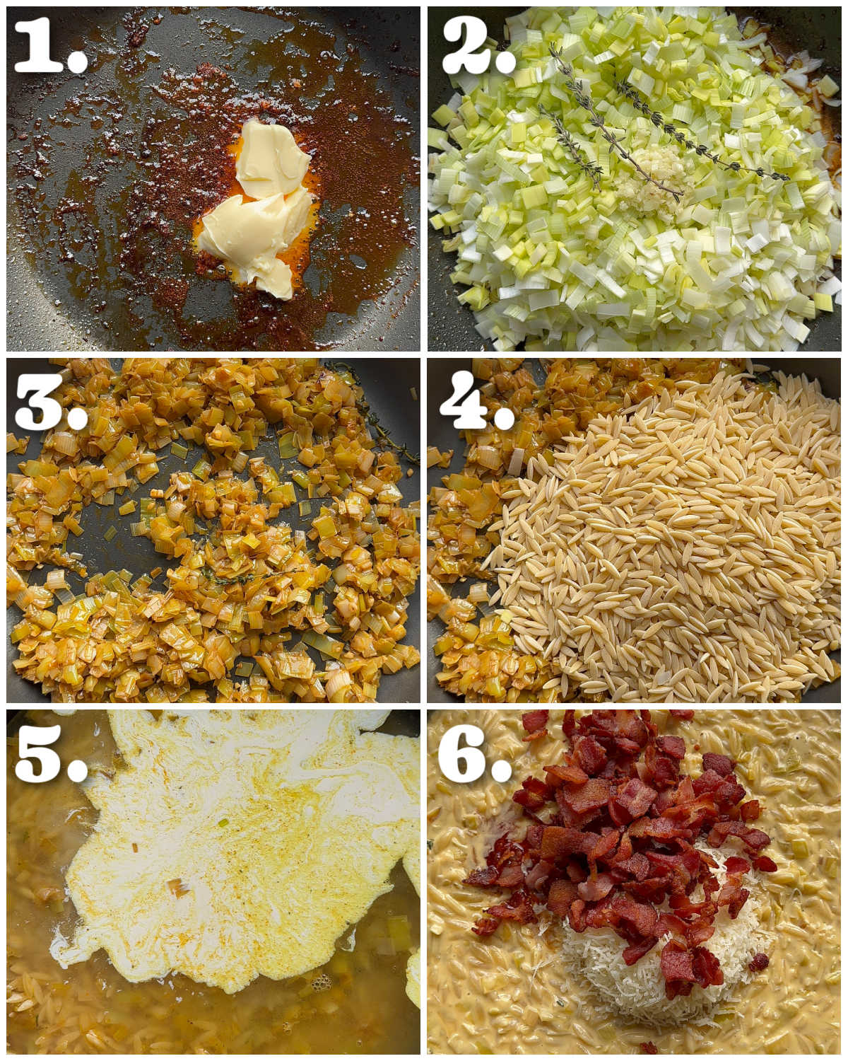 6 step by step photos showing how to make bacon leek orzo