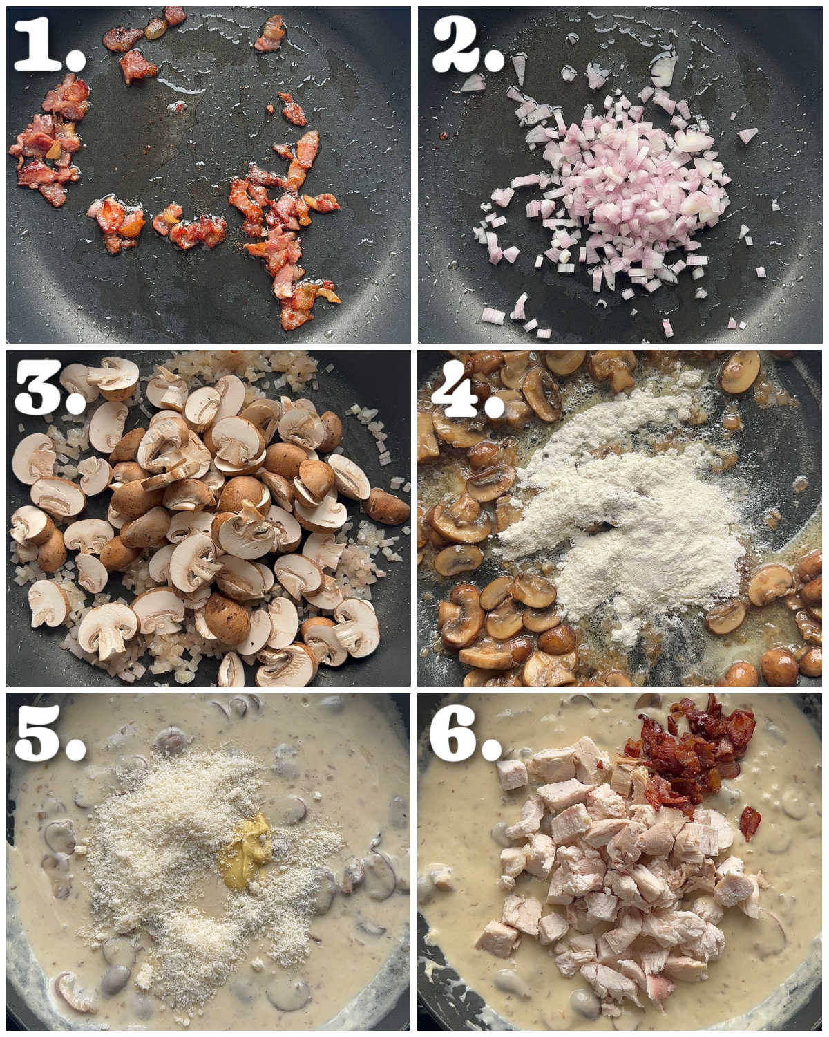 6 step by step photos showing how to make chicken mushroom filling