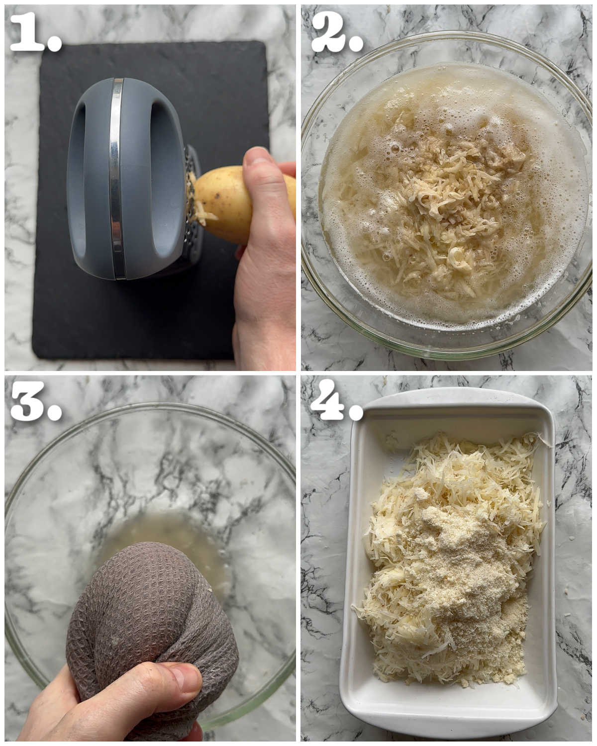 4 step by step photos showing how to prepare hash browns